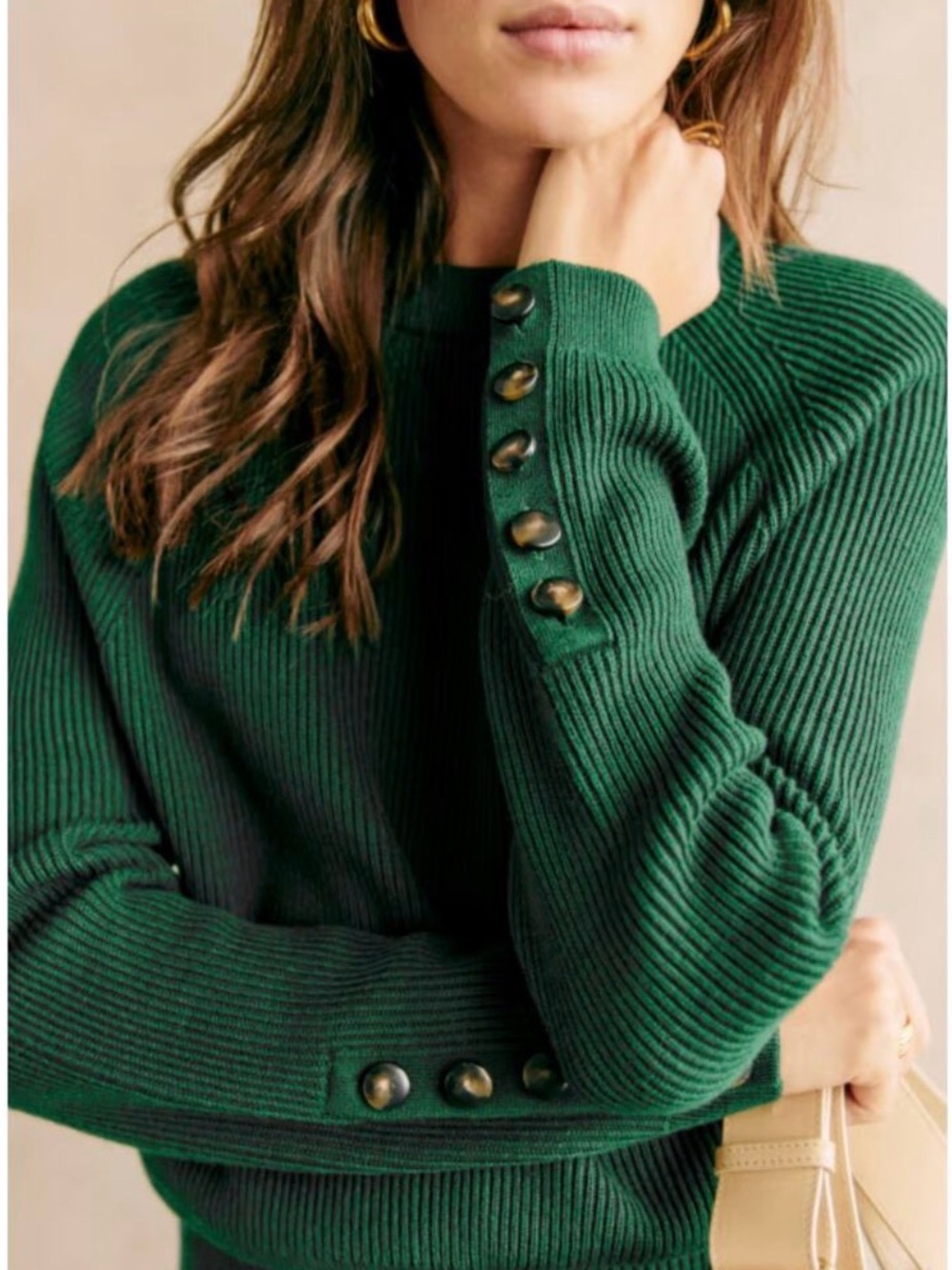 Sézane Sami Sweater Ribbed Merino Wool Organic Cotton Bottle Green Size XS